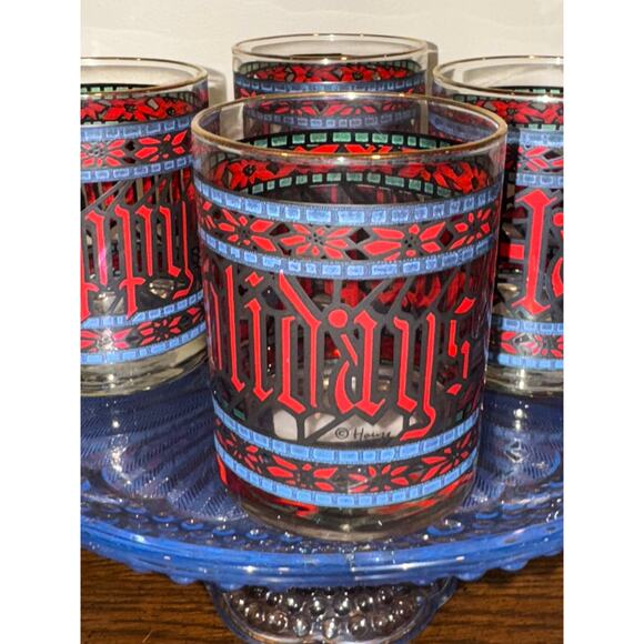 Set of 4 Vintage Houze "Happy Holidays" Stained Glass 4” Barware Lowball Glasses - Picture 2 of 6